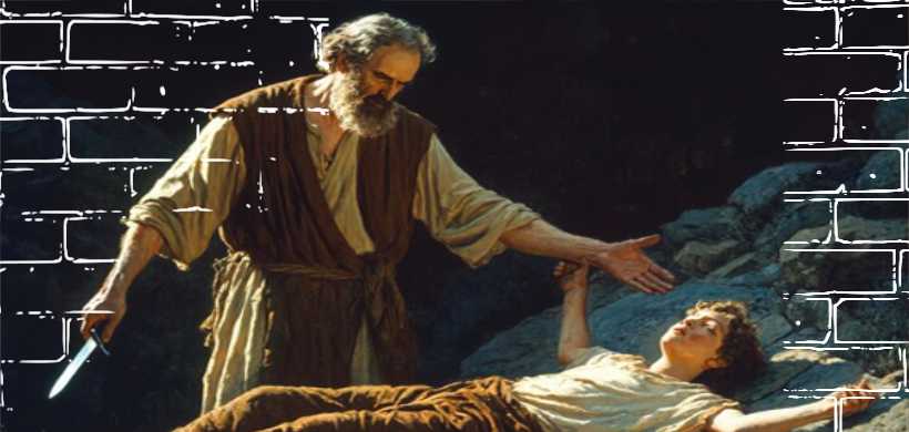 Abraham de pie con Isaac acostado y amarrado a una piedra