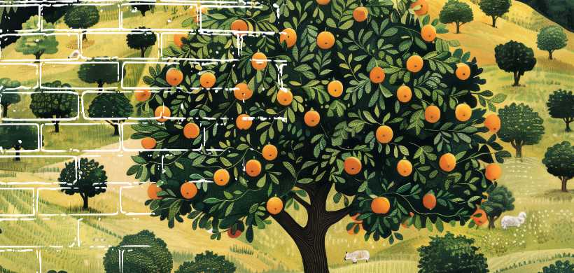 una imagen de un arbol con mucho fruto rodeado de arboles sin fruto